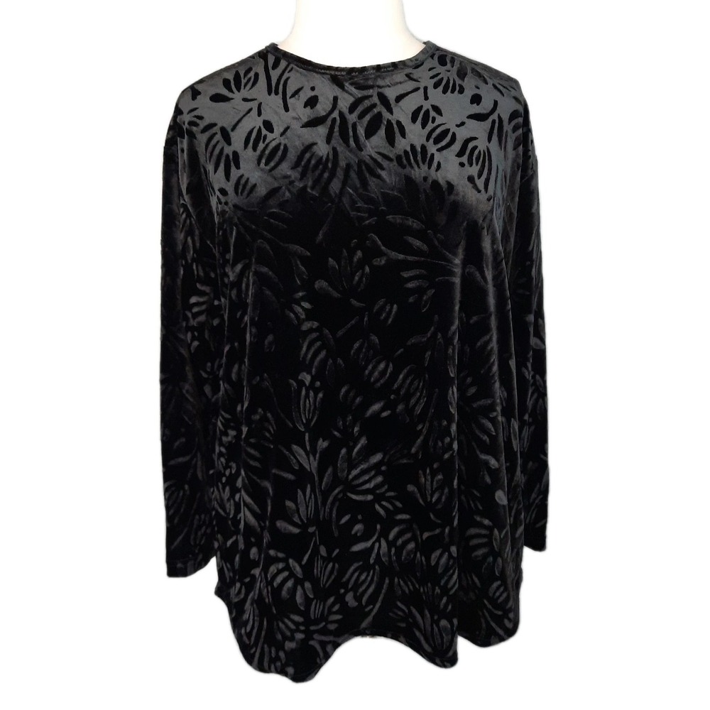 VTG Velvet Burnout Top Black Floral Womens 2X Whimsigoth Dark Romantic Boho 90s
